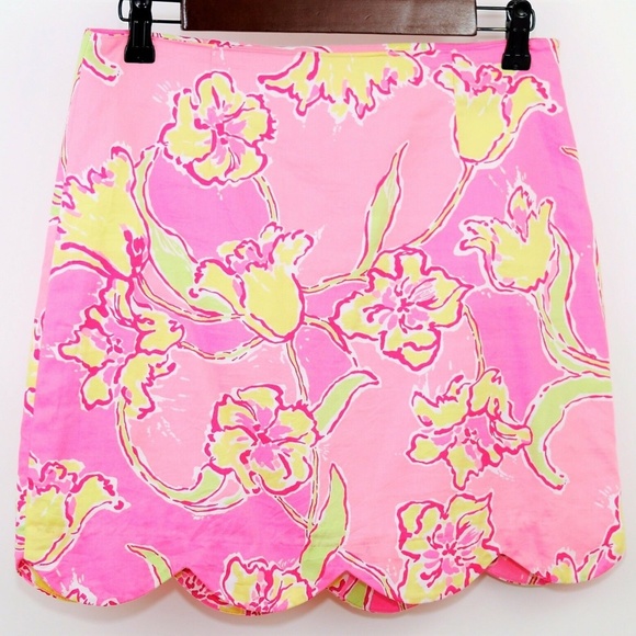 LILLY PULITZER Pink Yellow Floral Skirt Scalloped